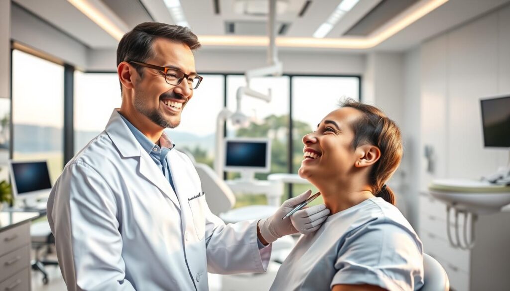 A vibrant and professional dental office advertisement showcasing a clean, modern interior with sleek, minimalist decor. In the foreground, a dentist in a white lab coat smiles warmly while examining a patient's teeth, conveying an atmosphere of trust and care. The midground features state-of-the-art dental equipment and tools, highlighting the clinic's advanced technology. The background depicts a soothing, natural landscape through large windows, creating a calming, spa-like ambiance. The lighting is soft and directional, accentuating the clinical yet inviting atmosphere. The overall composition exudes a sense of professionalism, competence, and patient-centric focus, suitable for promoting a high-quality dental practice.