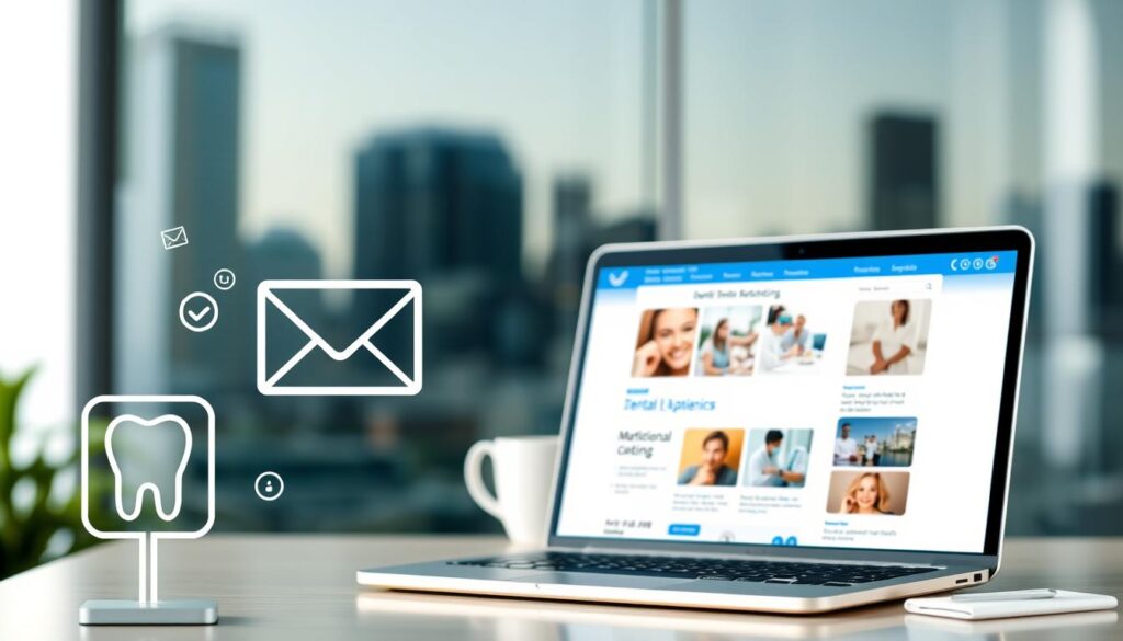 A vibrant and professional image of e-mail marketing for a dental clinic, with a clean and modern aesthetic. In the foreground, a digital envelope icon alongside a dental icon, symbolizing the integration of digital communication and dental services. In the middle ground, a laptop displaying a well-designed e-mail marketing template, showcasing relevant content and imagery for dental patients. The background features a blurred city skyline, suggesting the digital and global reach of the clinic's marketing efforts. The lighting is soft and focused, creating a sense of professionalism and trustworthiness. The overall composition is balanced and visually appealing, perfectly capturing the essence of "e-mail marketing gratuito para fidelização" for a dental clinic.
