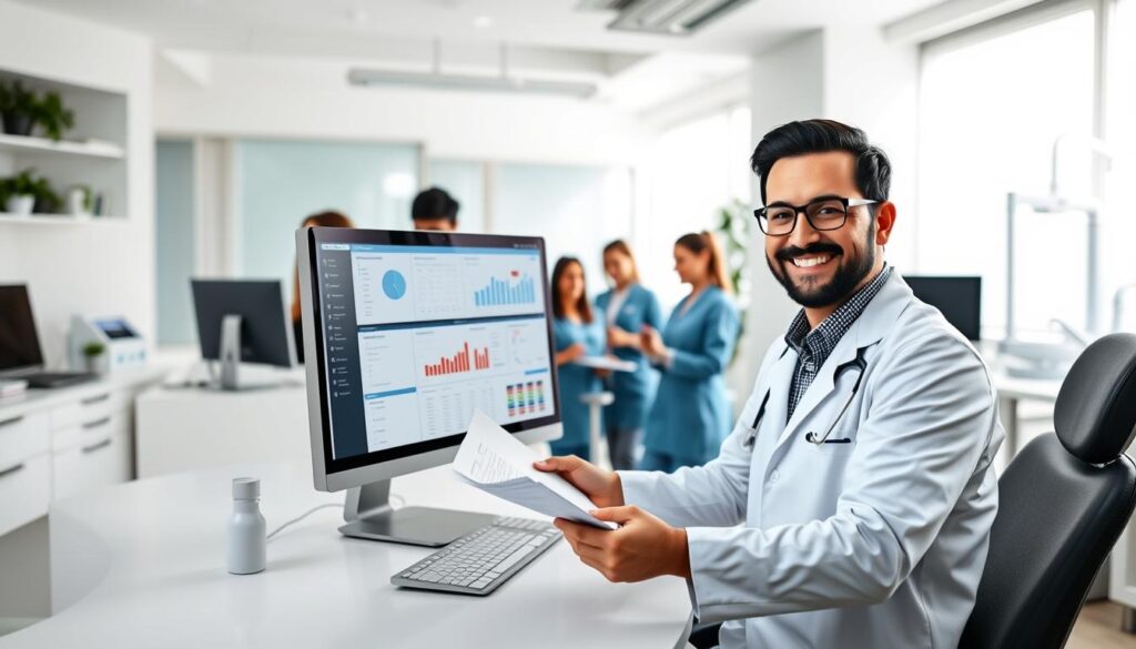A vibrant and professional-looking dental office scene with a central focus on a desktop computer displaying various business management software, spreadsheets, and analytics. The office has a clean, modern aesthetic with white walls, sleek furniture, and abundant natural lighting. In the foreground, a smiling dentist in a white coat is reviewing documents, symbolizing the benefits of dental practice management education. The middle ground features a well-organized team of dental assistants and administrative staff, all engaged in various productive tasks. The background subtly alludes to the dental equipment and tools, hinting at the integration of business and clinical aspects of dentistry.