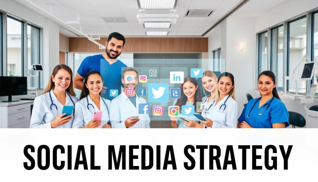 A vibrant and professional-looking image of a dental clinic's social media strategy. Foreground shows a group of smiling dental staff posing together, with smartphones and tablets in hand, representing their active social media engagement. Middle ground displays a virtual feed of various social media platforms, including Facebook, Instagram, and Twitter, showcasing the clinic's online presence. The background features a clean, modern dental office interior with sleek decor, high-tech equipment, and large windows allowing natural light to pour in, creating a warm and inviting atmosphere. The overall scene conveys the clinic's commitment to digital marketing and connecting with patients through a strong social media presence.