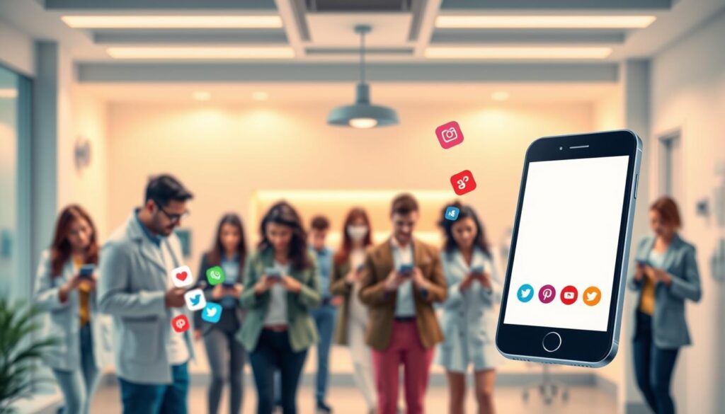 A vibrant and visually captivating digital illustration depicting a social media marketing strategy for attracting dental patients. The foreground features a stylized smartphone with various social media app icons, symbolizing the power of online platforms to connect practitioners with potential clientele. The middle ground showcases a group of diverse individuals, each engaged with their mobile devices, conveying the diverse audience that can be reached through effective social media campaigns. The background depicts a modern, clean dental office setting, creating a cohesive narrative of how digital marketing can drive in-person patient acquisition. The overall scene is illuminated by a warm, inviting lighting scheme, evoking a sense of professionalism and trustworthiness. The composition is balanced, with a strong emphasis on the central smartphone device to highlight the core message.