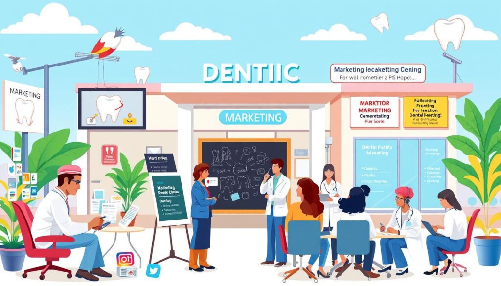 A vibrant and visually engaging illustration showcasing various marketing techniques for dental clinics. In the foreground, a dentist performs a consultation with a patient, surrounded by digital devices and marketing materials such as brochures, billboards, and social media icons. In the middle ground, a diverse group of dental professionals brainstorm marketing strategies, using a chalkboard and laptops. The background depicts the exterior of a modern, well-equipped dental clinic, with signage and advertisements highlighting the clinic's services and specialties. The overall scene conveys a sense of professionalism, innovation, and a patient-centric approach to dental marketing.