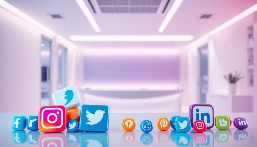 A vibrant and visually engaging image of social media platforms tailored for dental clinics. In the foreground, an array of popular social media icons - Facebook, Instagram, Twitter, LinkedIn - arranged in a dynamic, eye-catching composition. The middle ground features a sleek, modern dental clinic with a minimalist, healthcare-focused design, symbolizing the integration of digital marketing and dental services. The background showcases a soft, gradient-based color scheme, creating a sense of depth and professionalism. The lighting is soft and diffused, highlighting the clean, polished aesthetic. The overall mood conveys an efficient, tech-savvy and patient-centric approach to dental clinic marketing through social media.