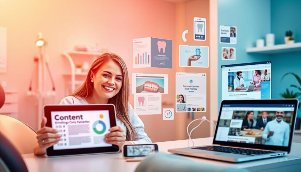 A vibrant and visually engaging scene showcasing various content strategy elements for engaging dental patients. The foreground features a smiling patient interacting with a dental professional, surrounded by digital devices like a tablet, smartphone, and laptop displaying informative content. The middle ground highlights various content formats like infographics, videos, and social media posts. The background incorporates soothing pastel colors, medical equipment, and a warm, welcoming clinic atmosphere. Lighting is soft and diffused, creating a calming, professional ambiance. The overall composition conveys a sense of collaboration, education, and patient-centric care.