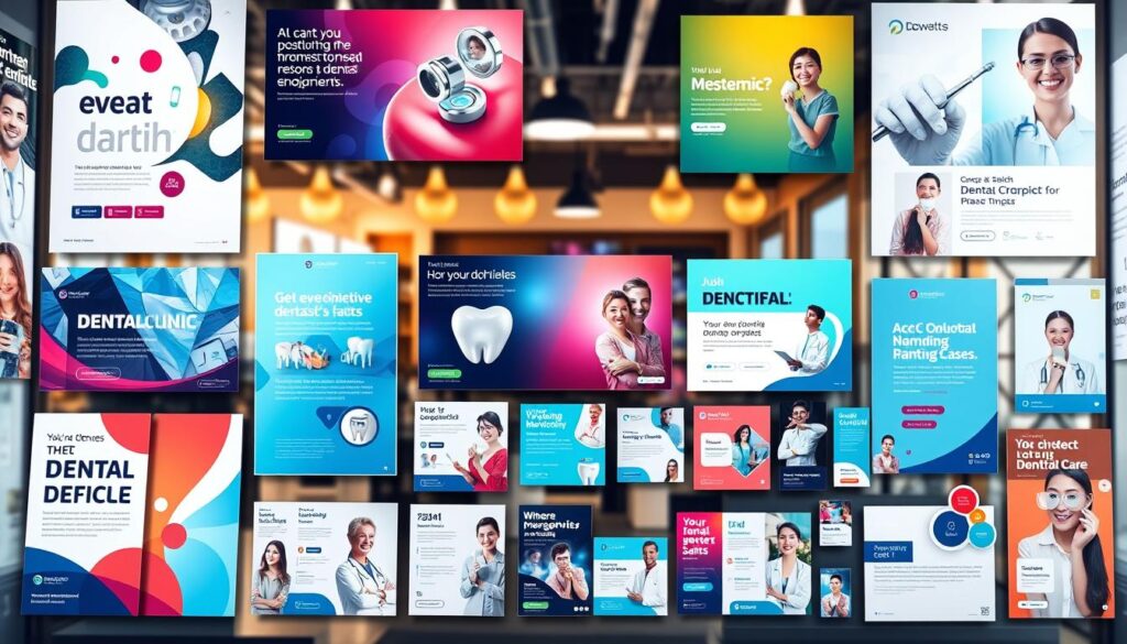 A vibrant collage of dental clinic advertisements, featuring a dynamic composition of vivid imagery and compelling designs. In the foreground, a series of eye-catching posters showcase modern dental services, with clean typography and bold color palettes. The middle ground features a mix of digital and physical marketing materials, including brochures, business cards, and social media posts, all crafted with a cohesive visual identity. The background is filled with a blend of warm, soft lighting and a clean, professional setting, suggesting a welcoming and trustworthy dental practice. The overall atmosphere conveys a sense of professionalism, innovation, and a dedication to patient care.