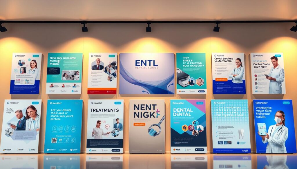 A vibrant collection of dental clinic advertisements displayed in a modern, minimalist layout. The foreground features a variety of digital graphics, icons, and images showcasing services, treatments, and dental professionals. The middle ground presents sleek, high-contrast typography highlighting key messaging and calls-to-action. The background incorporates soft gradients, subtle textures, and a clean, professional color palette, creating a visually appealing and cohesive brand identity. Warm, directional lighting accentuates the dynamic, engaging composition, conveying a sense of professionalism and trustworthiness for a dental clinic audience.