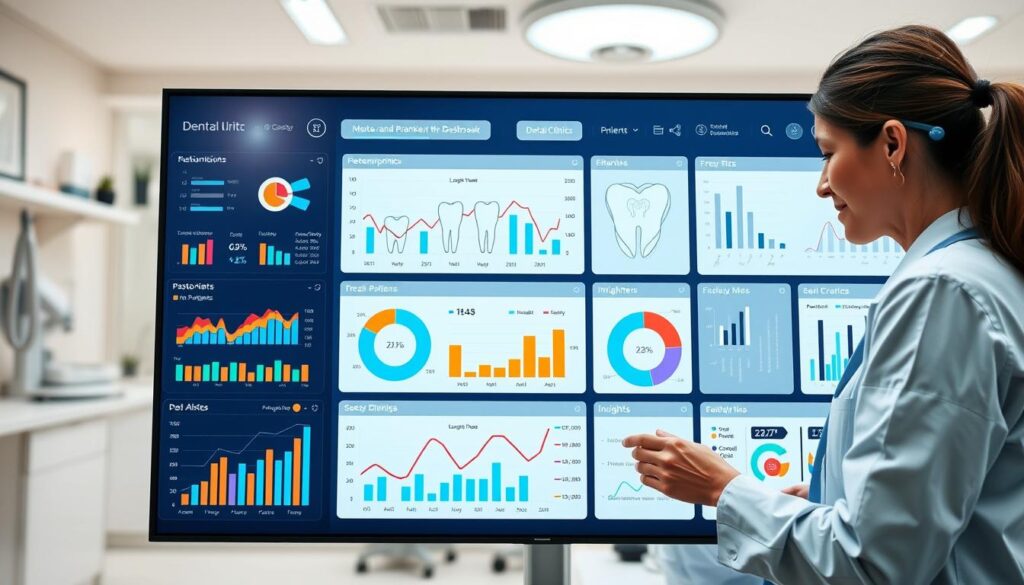 A vibrant data analysis dashboard for dental clinics, featuring interactive charts, graphs, and insights displayed on a sleek, modern interface. The foreground showcases a variety of visualizations, such as patient demographics, treatment trends, and financial metrics, all presented in a clean, easy-to-interpret design. The middle ground depicts healthcare professionals analyzing the data with focused expressions, while the background suggests a well-lit, professional clinic setting with subtle medical equipment and decor. The overall atmosphere conveys a sense of data-driven decision-making, empowering dental practitioners to monitor and optimize their marketing strategies.