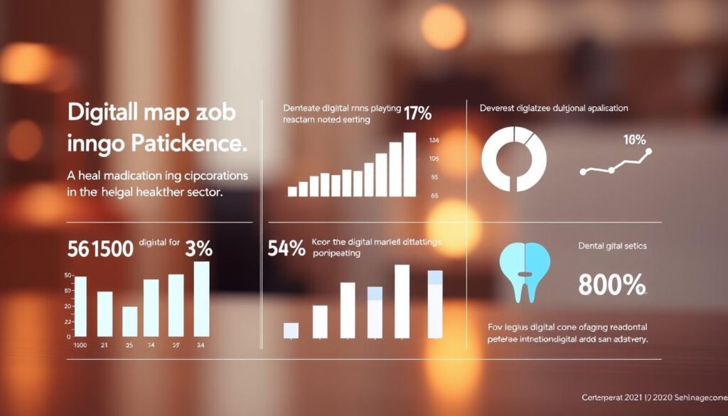 A vibrant, data-driven infographic depicting digital adoption statistics in the healthcare sector. A sleek, minimalist design with a clean, professional aesthetic. Crisp, high-resolution graphs and charts showcasing key metrics against a softly blurred, pastel-toned backdrop. Warm, indirect lighting casts a subtle glow, highlighting the dynamic data visualizations. The overall mood is informative yet visually engaging, designed to captivate the viewer and effectively communicate the impact of digital marketing in the dental industry.