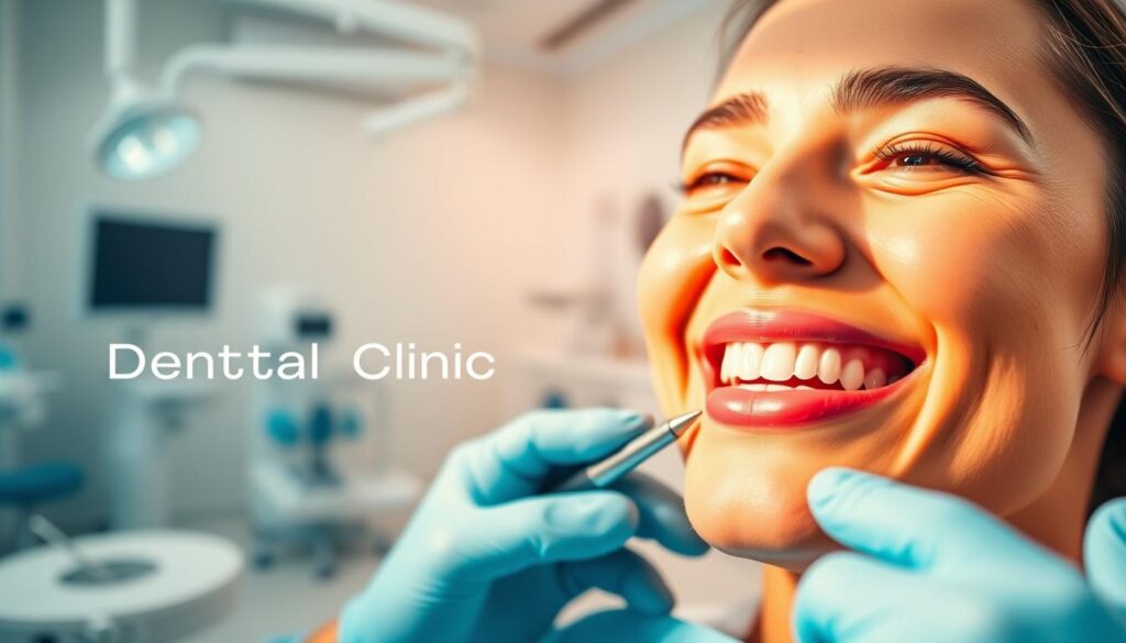 A vibrant dental clinic digital advertisement depicted in a sleek, contemporary style. In the foreground, a close-up of a smiling patient receiving professional teeth cleaning, capturing the clinic's excellent patient care. The middle ground showcases the clinic's modern, state-of-the-art equipment and facilities, conveying its technological expertise. The background features a subtle, gradient-driven graphic design with clean typography highlighting the clinic's name and specialties, establishing a visually appealing and informative advertisement. Warm, directional lighting illuminates the scene, creating a welcoming and inviting atmosphere. The composition is balanced, using a rule of thirds layout to draw the viewer's attention to the key elements.