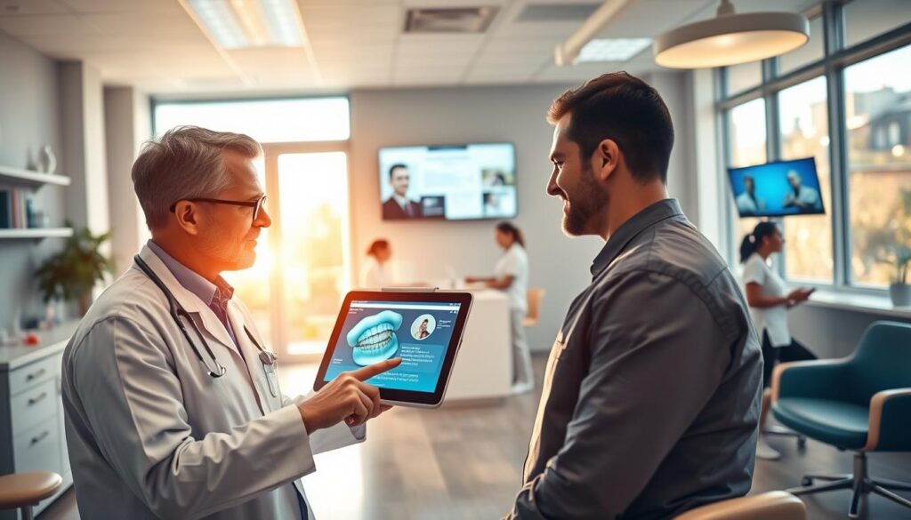 A vibrant dental clinic interior, bathed in warm, natural lighting from large windows. In the foreground, a dentist consults with a patient, emphatically explaining dental procedures using an interactive display. Behind them, the reception area features modern, minimalist furniture and decor, conveying a professional yet welcoming atmosphere. In the background, a team of dental assistants diligently prepare for the next appointments, while wall-mounted screens showcase the clinic's services and patient testimonials. The overall scene depicts a thriving, efficient dental practice that prioritizes patient education and experience as part of its comprehensive marketing approach.