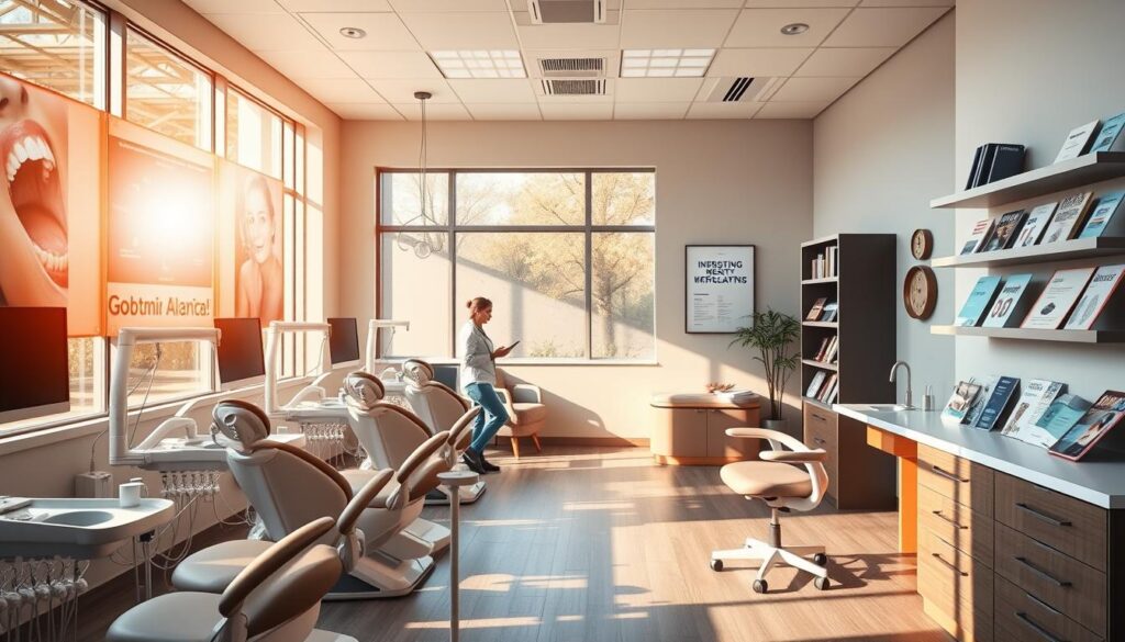 A vibrant dental clinic interior, bathed in warm, natural lighting streaming through large windows. In the foreground, a row of modern, ergonomic dental chairs, each equipped with state-of-the-art equipment. On the walls, inspiring images and educational infographics capture patients' attention, complemented by informative brochures neatly displayed on sleek, minimalist shelves. In the middle ground, a friendly, approachable receptionist greets patients, while the background reveals a cozy waiting area with plush seating and soothing decor, creating an inviting and calming atmosphere. The overall scene exudes professionalism, innovation, and a genuine focus on patient care and comfort.