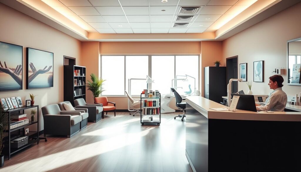 A vibrant dental clinic interior with a warm, inviting atmosphere. In the foreground, a sleek, modern reception desk with a friendly receptionist greeting patients. Behind, a cozy waiting area with comfortable chairs and soothing artwork on the walls. Sunlight streams in through large windows, creating a bright, airy ambiance. In the middle ground, a display showcasing dental care products and brochures highlighting the clinic's services. In the background, exam rooms with state-of-the-art equipment and dental professionals tending to patients' needs. The overall scene conveys professionalism, attention to detail, and a focus on patient comfort and well-being.