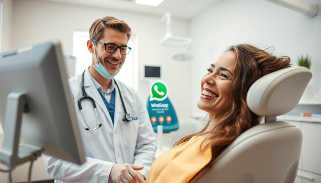 A vibrant dental clinic setting, with a healthcare professional using a WhatsApp video call to engage with a patient. The foreground showcases the doctor's attentive expression and the patient's confident, satisfied smile, conveying the seamless integration of digital communication in modern dental care. The middle ground features the clinic's clean, modern decor and state-of-the-art equipment, reflecting the clinic's commitment to leveraging technology to enhance the patient experience. The background blends soft, natural lighting and a calming, professional atmosphere, creating an overall impression of a trusted, tech-savvy dental practice.