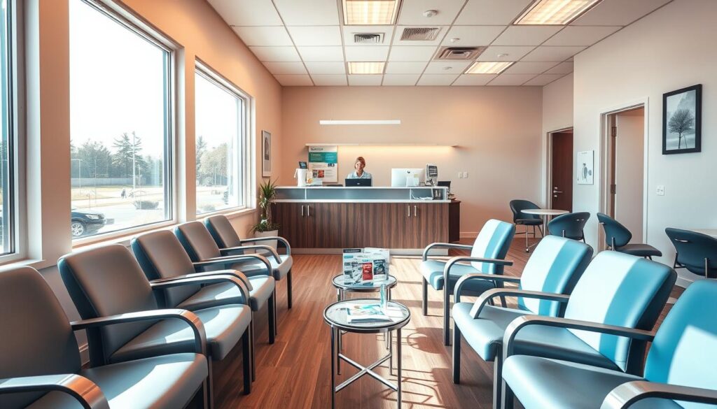 A vibrant dental clinic waiting room, bathed in warm, natural lighting filtering through large windows. In the foreground, a row of comfortable chairs in soothing shades of blue and gray, inviting patients to relax. The middle ground features a small table displaying various educational brochures and magazines about oral health. In the background, the reception desk is manned by a friendly staff member, ready to assist. The overall atmosphere conveys a sense of professionalism, care, and a commitment to patient well-being, reflecting the offline marketing strategies for a successful dental practice.