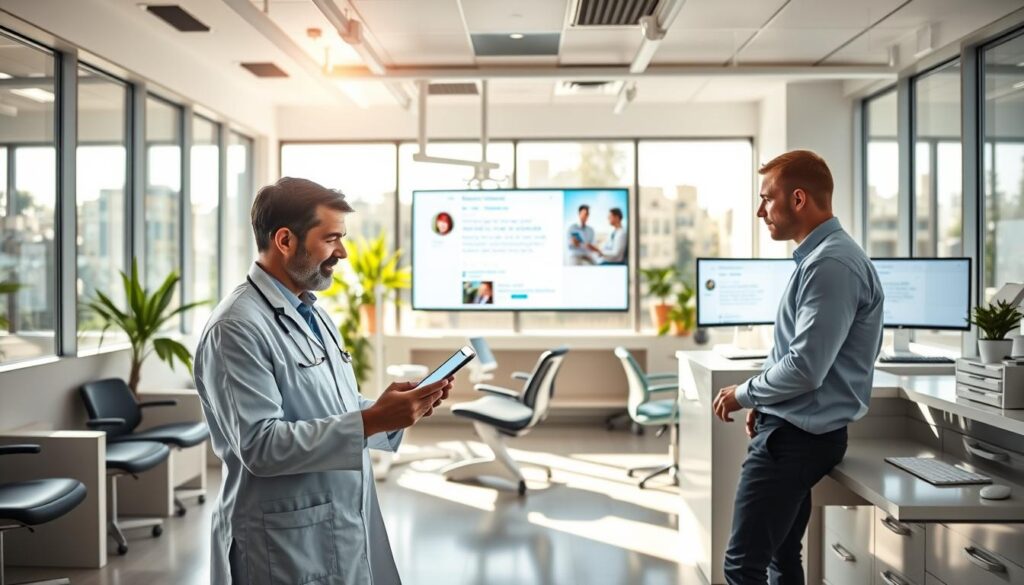 A vibrant dental office interior, bathed in natural light streaming through large windows. In the foreground, a dentist consults with a patient, discussing social media strategies on a tablet device. The middle ground features a modern reception area, with sleek furniture and a large digital display showcasing dental practice updates and patient testimonials. In the background, the office's social media channels are prominently featured on computer screens, underscoring the importance of an online presence in contemporary dental marketing. The overall atmosphere conveys a professional, tech-savvy practice focused on connecting with patients through various digital platforms.