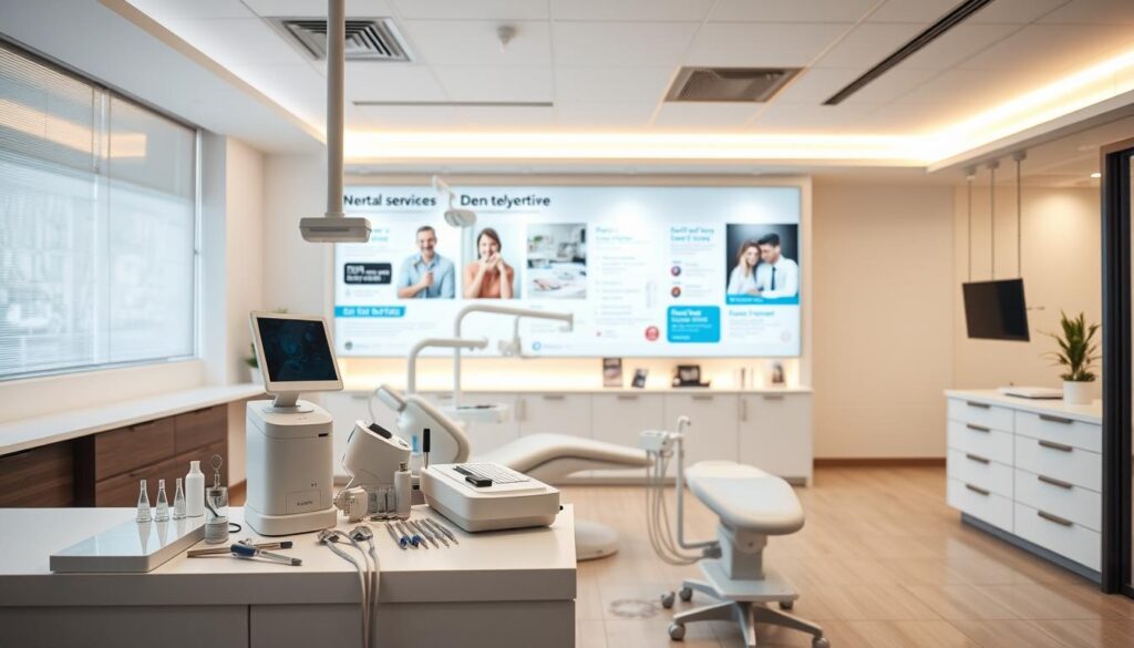 A vibrant dental office interior with a modern and inviting atmosphere. In the foreground, a collection of dental equipment and supplies is displayed on a clean, minimalist desk. The middle ground features a large wall display showcasing various dental services and promotions, designed with a sleek, professional aesthetic. In the background, a warm, diffused lighting illuminates the space, creating a calming and relaxing ambiance. The overall scene conveys a sense of expertise, quality, and patient-centric care, reflecting the essence of a successful dental marketing campaign.