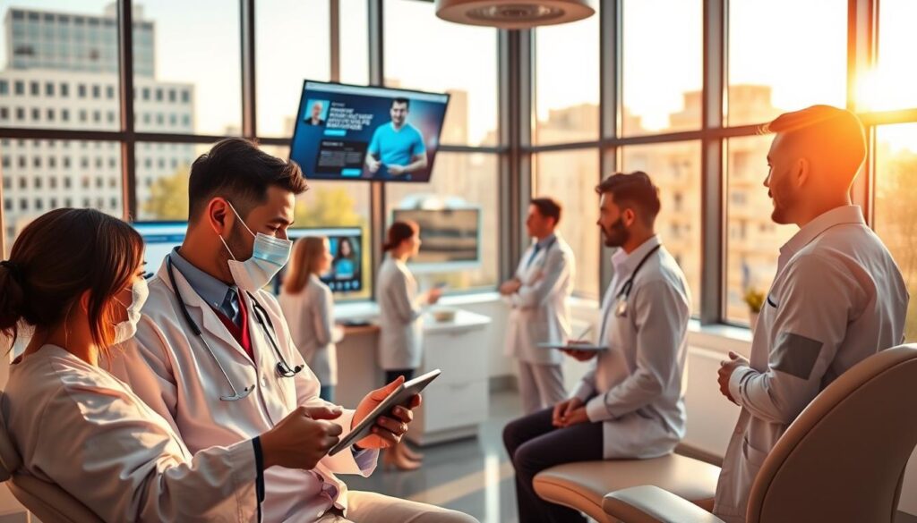 A vibrant dental office situated in a modern urban landscape, illuminated by warm natural light filtering through large windows. In the foreground, a dentist consults with a patient, discussing digital marketing strategies on a tablet. The middle ground showcases various digital media elements, such as a social media feed and a responsive website displayed on multiple screens. In the background, a team of dental professionals collaborates, strategizing ways to effectively attract and engage with new and existing patients through targeted online campaigns. The atmosphere exudes professionalism, innovation, and a focus on providing exceptional patient-centric care.