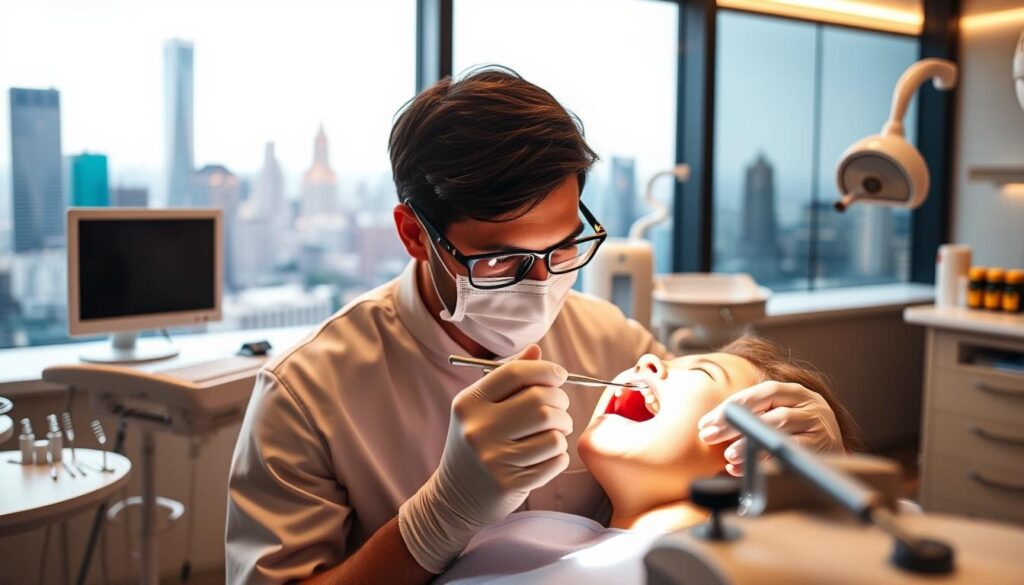 A vibrant dental office with a modern, sleek interior. In the foreground, a dentist examines a patient's teeth using a dental mirror and probe, their focused expression conveying their expertise. The middle ground features an array of dental tools and equipment, gleaming under the warm, indirect lighting. In the background, a large window overlooks a bustling city skyline, symbolizing the practice's position at the forefront of the local dental community. The overall atmosphere exudes professionalism, innovation, and a commitment to patient care, highlighting how this practice sets itself apart from the competition.