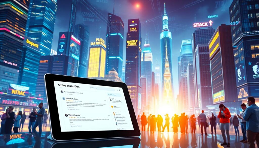 A vibrant, digital cityscape depicting the concept of "online reputation". In the foreground, a large tablet displays customer reviews and ratings, reflecting the central theme of the section. The middle ground features a diverse array of people interacting with their smartphones, symbolizing the ubiquity of online engagement. In the background, towering skyscrapers and digital infrastructure create a futuristic, technologically-advanced environment. The scene is bathed in a warm, glowing light, conveying a sense of optimism and the importance of online reputation management. The composition emphasizes the interconnectedness of the digital world and its impact on professional success.