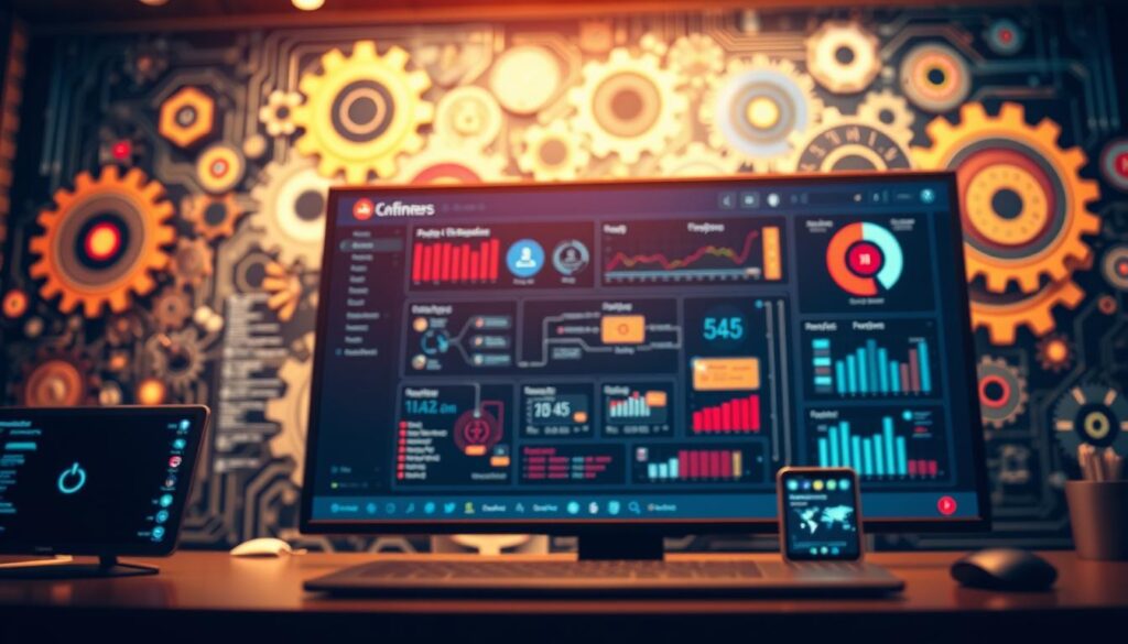 A vibrant digital dashboard showcases the seamless integration of various software tools. In the foreground, sleek icons and intuitive interfaces hint at the powerful capabilities of this harmonized system. The middle ground reveals a workflow of data visualization, project management, and communication - all effortlessly connected. In the background, a network of gears and circuitry symbolizes the underlying technological infrastructure supporting this digital ecosystem. Warm lighting casts a inviting glow, conveying the efficiency and productivity enabled by this comprehensive integration of digital tools.