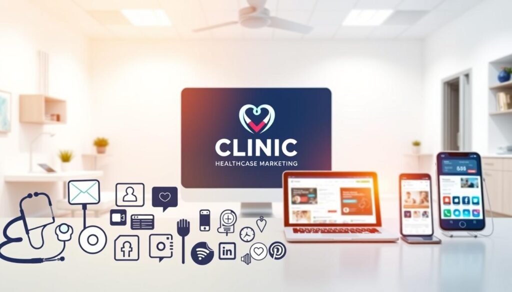 A vibrant digital healthcare marketing display, featuring a sleek and modern clinic logo prominently displayed. In the foreground, a group of medical icons and symbols, including a stethoscope, appointment calendar, and social media icons, subtly suggest digital strategies. The middle ground showcases various digital devices, such as a laptop, tablet, and smartphone, showcasing web pages, social media platforms, and other digital marketing tools. The background depicts a clean, minimalist medical office setting, with clinical furnishings and equipment, creating a professional and trustworthy atmosphere. The lighting is soft and warm, creating a welcoming and inviting ambiance. The overall composition conveys a cohesive and effective digital marketing strategy tailored for a medical clinic.