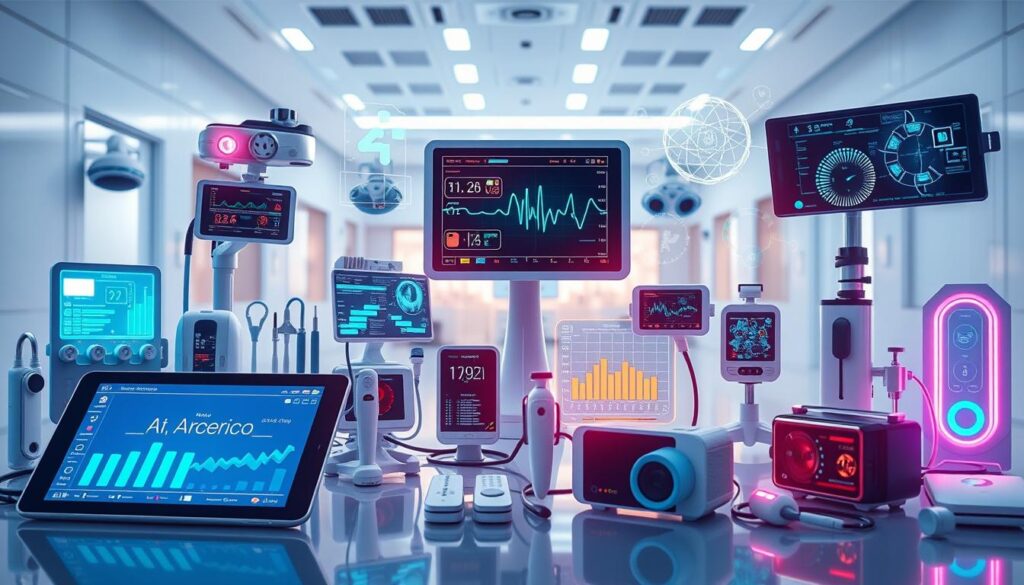 A vibrant digital healthcare technology scene, with an array of cutting-edge medical devices, smart monitors, and AI-powered diagnostic tools arranged in a dynamic, forward-looking composition. The foreground features a sleek tablet or smartphone displaying health data analytics, surrounded by a diverse selection of modern, ergonomic medical instruments and wearable tech. The middle ground showcases holographic projections and glowing LED panels, hinting at the integration of advanced telemedicine and remote patient monitoring capabilities. In the background, a futuristic hospital or clinic setting with clean, minimalist architecture and soft, natural lighting creates a sense of clinical efficiency and patient-centric innovation. The overall mood is one of technological progress, empowering healthcare providers and patients alike with the tools to revolutionize modern medicine.
