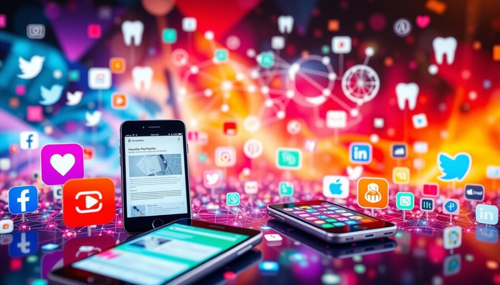 A vibrant digital landscape featuring a variety of social media platforms and icons, symbolizing the power of online engagement for dental practices. The foreground showcases sleek smartphone screens displaying dental-themed content, while the middle ground features abstract network diagrams and data visualizations. The background is a dynamic blend of bold colors and geometric patterns, creating a sense of energy and connectivity. The overall composition conveys the importance of leveraging digital marketing strategies to reach and engage with potential dental patients in the modern, technology-driven world.
