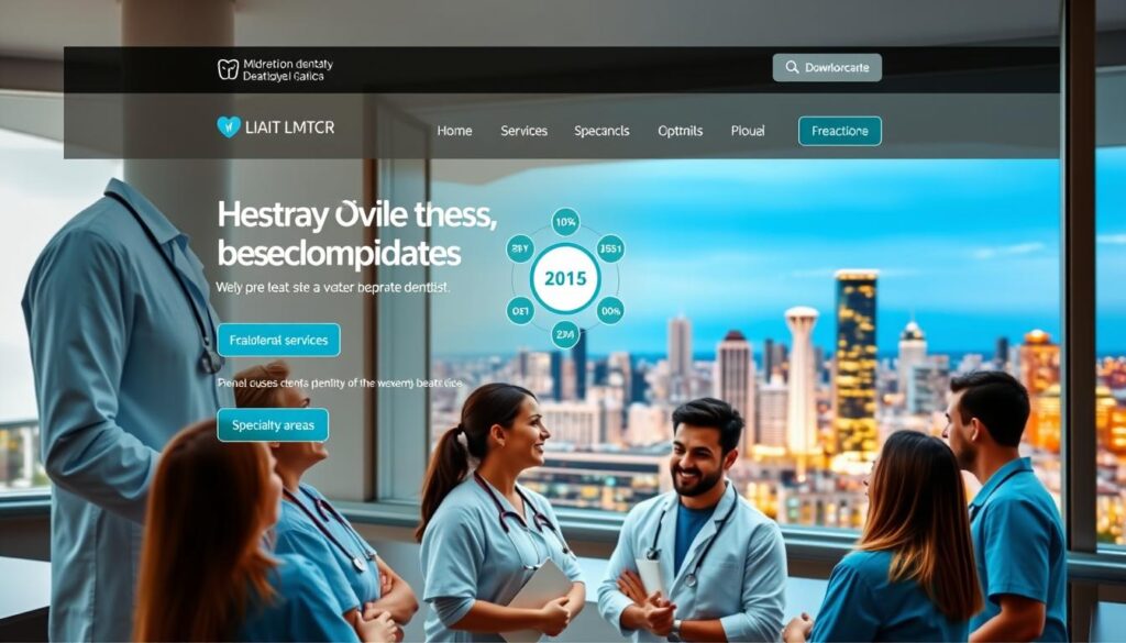 A vibrant digital marketing campaign for a modern dental clinic, showcasing a sleek website design with a clean layout, high-quality imagery, and intuitive navigation. In the foreground, a team of friendly, approachable dentists engage with patients, demonstrating the clinic's personalized, patient-centric approach. The middle ground features a stylized infographic highlighting key services and specialty areas, while the background depicts a bustling city skyline, symbolizing the clinic's visibility and prominence in the local community. The scene is bathed in a warm, inviting light, conveying a sense of professionalism, trust, and accessibility that resonates with potential patients seeking quality dental care.