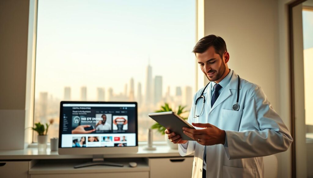 A vibrant digital marketing campaign for dentists, showcasing a modern dental practice with a sleek, minimalist aesthetic. In the foreground, a dentist in a pristine white coat is using a tablet to review patient records, reflecting the integration of technology in their practice. The middle ground features a desktop computer displaying dental marketing graphics and web design elements, highlighting the importance of a strong online presence. In the background, a city skyline with towering skyscrapers symbolizes the thriving, urban setting where this dental practice operates. The lighting is soft and natural, creating a calming, professional atmosphere. The overall composition conveys the idea that digital marketing is essential for dentists to attract and retain patients in the modern, competitive healthcare landscape.