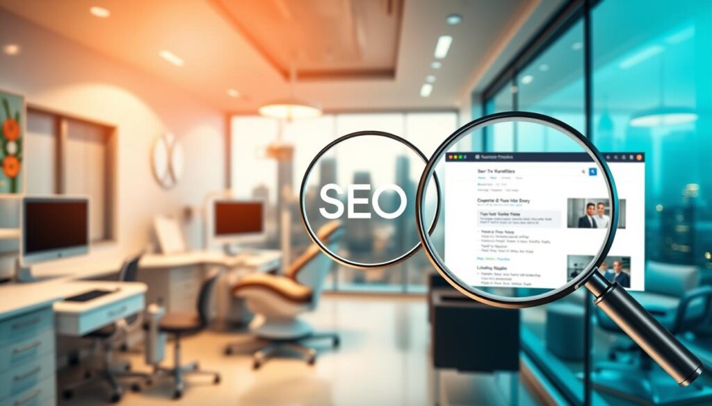 A vibrant digital marketing landscape for dentists, featuring a magnifying glass icon highlighting the crucial role of SEO. In the foreground, a modern dental office with sleek equipment and a professional dentist, conveying the importance of digital presence. The middle ground showcases search engine results pages, with the dentist's website prominently displayed, reflecting the power of effective SEO strategies. The background depicts a city skyline, symbolizing the expansive digital realm that dentists must navigate. Warm lighting and a subtle depth of field create a professional, authoritative atmosphere, underscoring the value of SEO in the digital marketing for dentists.