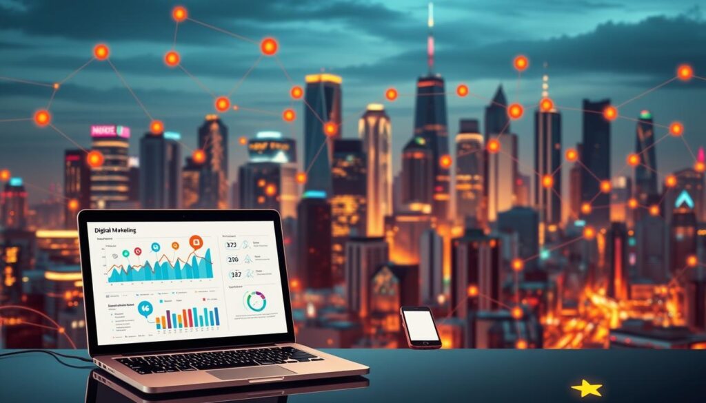 A vibrant digital marketing landscape with a variety of interconnected strategies. In the foreground, a stylized laptop displaying analytics and social media icons, reflecting the data-driven nature of modern digital marketing. In the middle ground, various digital devices such as smartphones, tablets, and wired connections, symbolizing the diverse platforms and channels utilized. The background features a dynamic cityscape with skyscrapers and tech-inspired architecture, conveying the fast-paced, technology-driven world of digital marketing. Warm lighting accentuates the scene, creating an atmosphere of productivity, innovation, and digital transformation.