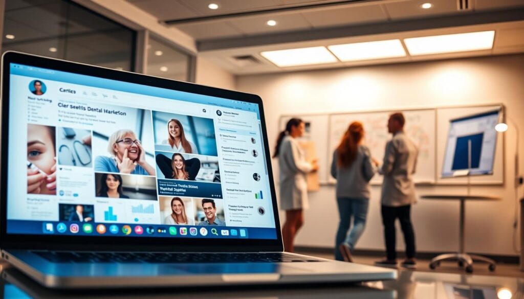 A vibrant digital marketing scene for a modern dental clinic. In the foreground, a laptop display showcases an engaging social media feed, with dental treatment images and patient testimonials. In the middle ground, a team of dental professionals strategize their digital outreach, using analytics dashboards and brainstorming on a whiteboard. The background features a sleek, minimalist clinic interior with state-of-the-art equipment, conveying a sense of professionalism and innovation. Warm, natural lighting illuminates the scene, creating a welcoming atmosphere. The overall composition emphasizes the synergy between digital marketing and high-quality dental care, inspiring clinics to embrace the power of online patient engagement.