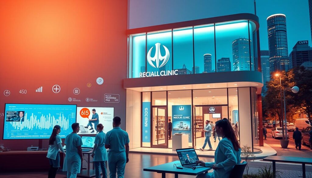 A vibrant digital marketing strategy for a modern medical clinic, captured in a dynamic composition. In the foreground, a team of healthcare professionals collaborates, surrounded by a tapestry of digital devices, screens, and data visualizations. The middle ground features a sleek, minimalist clinic exterior, with patients arriving and the clinic's branding prominently displayed. The background showcases a bustling cityscape, representing the clinic's integration with the broader digital landscape. Warm, directional lighting illuminates the scene, creating a sense of professionalism and innovation. The overall mood is one of cutting-edge medical expertise, seamlessly blended with forward-thinking digital marketing tactics.