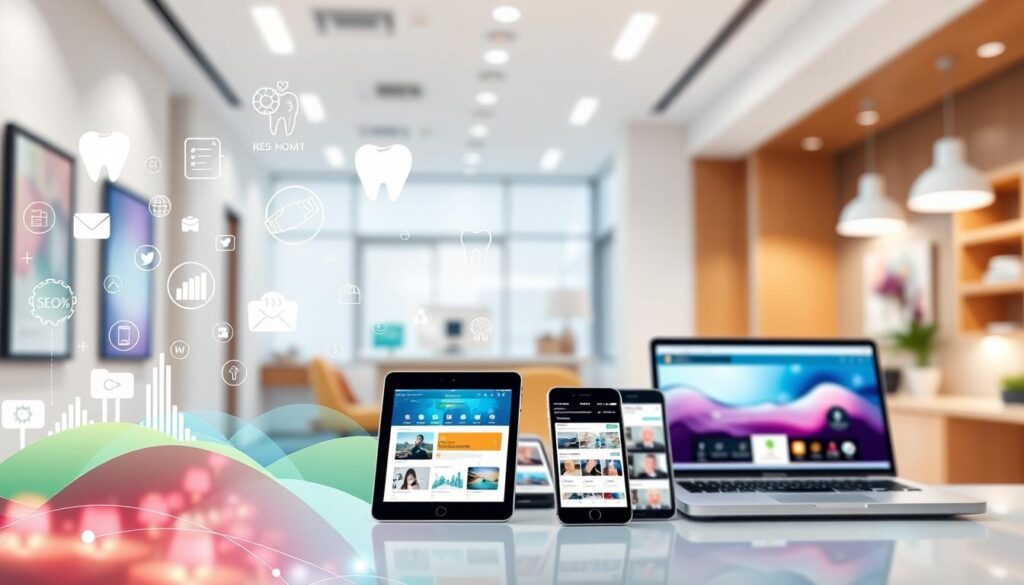 A vibrant digital strategy for a modern dental clinic. In the foreground, a stylized digital landscape with sleek icons and infographic elements, reflecting data analytics, SEO optimization, and targeted online marketing. The middle ground showcases a suite of digital devices - tablets, smartphones, and laptops - displaying engaging website designs and social media content. In the background, a softly blurred dental office interior, with clean lines, warm lighting, and a welcoming ambiance. The overall aesthetic is a harmonious blend of technology and healthcare, conveying a progressive, patient-centric approach to digital dentistry.