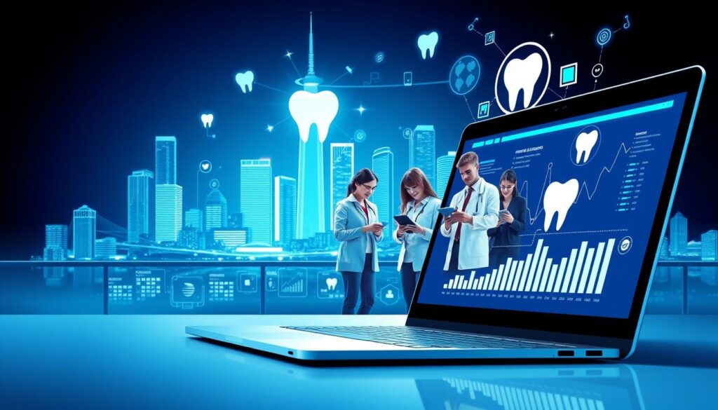 A vibrant, digital-themed illustration depicting the marketing of dental clinics. In the foreground, a modern, sleek laptop displays analytics and social media platforms, showcasing the power of digital marketing. In the middle ground, a team of dental professionals collaborate, using tablets and smartphones to strategize their online presence. The background features a cityscape with skyscrapers and technology-inspired icons, conveying the interconnected, tech-driven nature of contemporary dental marketing. The overall scene is bathed in a cool, blue-tinted lighting, creating a professional, futuristic atmosphere. The composition emphasizes the integration of technology, data, and dental expertise, highlighting the importance of digital marketing in elevating the visibility and success of modern dental clinics.