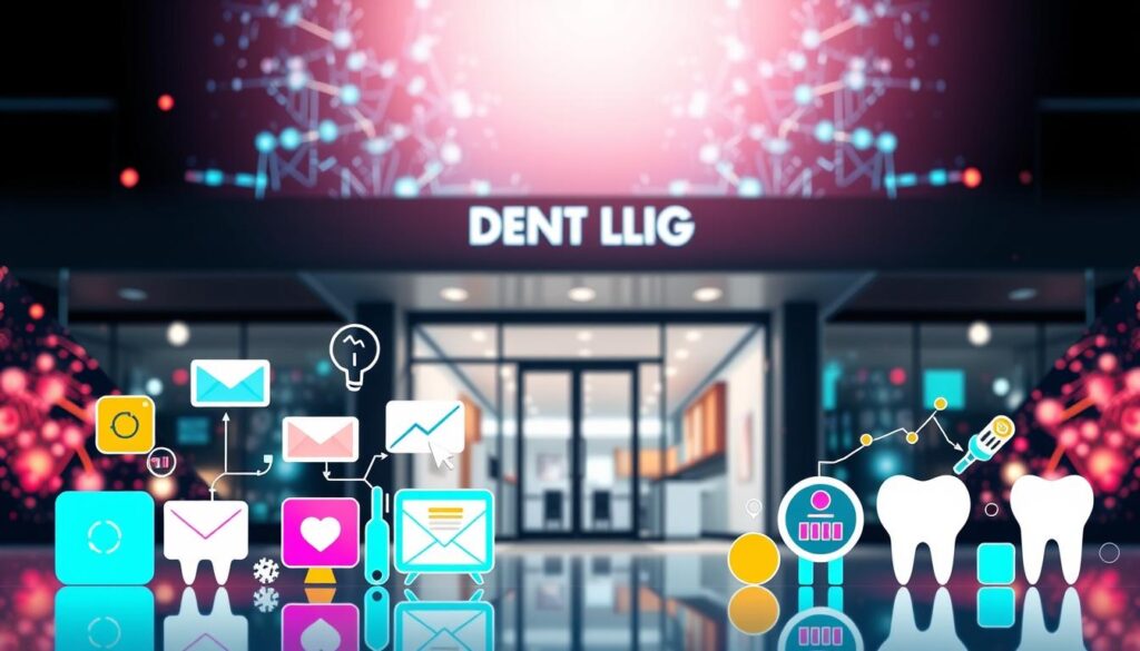 A vibrant, digital-themed image showcasing effective marketing strategies for dental clinics. In the foreground, a group of stylized icons representing various digital marketing channels - social media, email, website, SEO, etc. - arranged in a dynamic, eye-catching composition. In the middle ground, a sleek, modern dental clinic façade, with clean lines and a minimalist aesthetic, suggesting a professional, technology-driven approach. In the background, a backdrop of abstract, glowing digital patterns and shapes, conveying a sense of innovation and the power of digital transformation. The lighting is bright, crisp, and evenly distributed, creating a sense of clarity and focus. The overall mood is one of energy, progress, and the synergy between traditional dentistry and cutting-edge digital marketing.