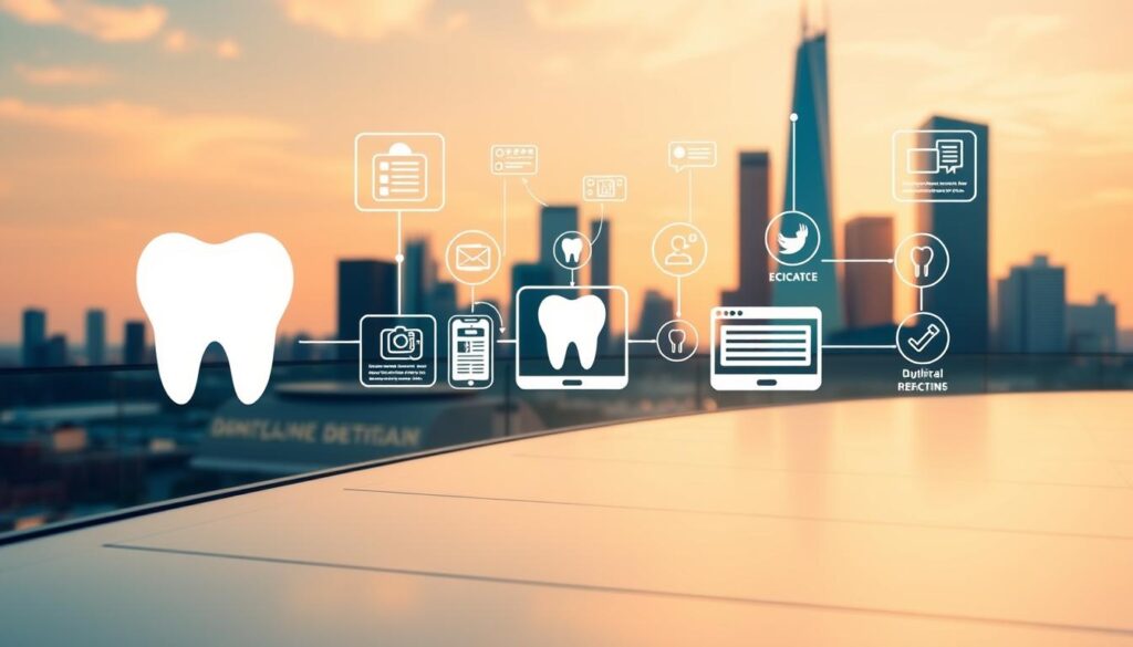 A vibrant, dynamic digital marketing strategy for a modern dental practice. In the foreground, a stylized dental icon or logo, conveying professionalism and attention to detail. In the middle ground, a series of interactive digital touchpoints - a responsive website, social media platforms, online reviews, and targeted advertising campaigns. In the background, a sleek, minimalist cityscape with skyscrapers and tech-inspired architectural elements, suggesting a cutting-edge, technology-driven approach. The scene is illuminated by warm, natural lighting, creating a sense of approachability and trustworthiness. The overall mood is one of innovation, efficiency, and a commitment to providing exceptional dental care through strategic digital marketing.