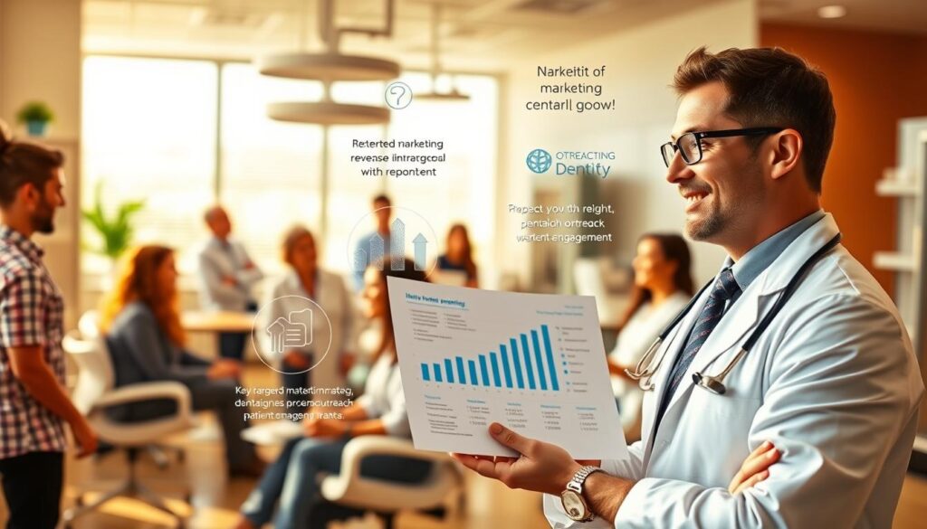 A vibrant, dynamic image showcasing the key benefits of dental practice management and marketing. In the foreground, a professional dentist confidently presents a detailed, data-driven report on patient growth, revenue increase, and reputation enhancement. The middle ground features a team of savvy dental staff collaborating on targeted marketing campaigns, digital outreach, and patient engagement strategies. In the background, a busy, modern dental clinic bustles with satisfied patients, each enjoying a seamless, personalized experience. The scene is bathed in warm, natural lighting, conveying a sense of professionalism, efficiency, and patient-centric care. The overall composition emphasizes the transformative power of effective dental practice management and strategic marketing.