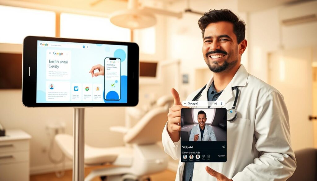 A vibrant, eye-catching Google Ads campaign for a modern dental clinic. In the foreground, a clean, minimalist design showcases several digital ad formats, including a mobile banner, search ad, and video ad. The middle ground features a professional, yet welcoming dentist in a lab coat, smiling and gesturing towards the ads. The background depicts a bright, airy dental office with state-of-the-art equipment, evoking a sense of trust and expertise. The overall scene is bathed in warm, natural lighting, creating a professional, yet approachable atmosphere that would appeal to potential dental patients.