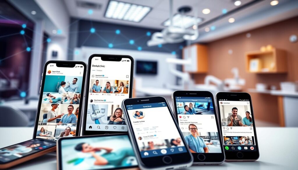 A vibrant, eye-catching social media feed showcasing various engaging dental clinic content. In the foreground, a collection of mobile devices displaying a cohesive, visually-appealing social media grid, featuring captivating dental procedure videos, informative graphics, and behind-the-scenes glimpses of the clinic's friendly staff. The middle ground highlights a modern, well-equipped dental clinic with state-of-the-art equipment and a welcoming, relaxing atmosphere. In the background, an abstract representation of digital networks and connections, symbolizing the power of social media in building strong relationships between the clinic and its patients. Lighting is bright and inviting, with a warm, professional tone. Camera angle captures the scene from a slightly elevated perspective, emphasizing the digital and physical integration of the clinic's social media presence.