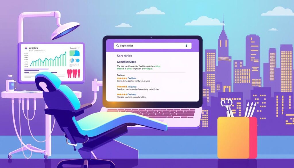 A vibrant, high-contrast digital illustration depicting the key elements of SEO for dental clinics. In the foreground, a dental chair and tools symbolize the medical setting, alongside a laptop screen displaying analytics and optimization metrics. In the middle ground, a search engine results page showcases the clinic's online presence, with their website and reviews prominent. The background features a stylized cityscape, representing the competitive digital landscape dental clinics navigate. The overall scene conveys a sense of technological sophistication, patient-centric focus, and data-driven decision-making essential for effective SEO in the dental industry.