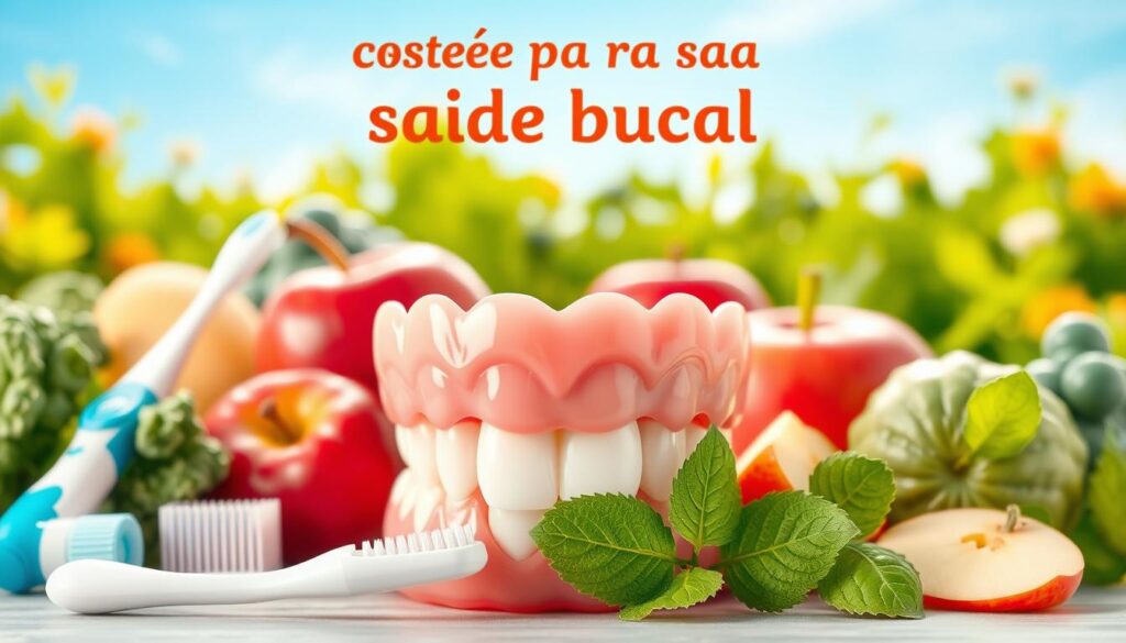 A vibrant, high-quality illustration depicting various elements related to oral health. In the foreground, a set of clean, healthy teeth surrounded by dental care tools such as a toothbrush, toothpaste, and dental floss. In the middle ground, different types of fruits and vegetables known for their dental benefits, like crunchy apples and leafy greens. In the background, a serene, nature-inspired setting with a calming blue sky and lush greenery, symbolizing the connection between overall wellbeing and oral health. The image should be captured through a soft, warm lighting that highlights the natural textures and colors, creating a visually appealing and informative representation of "conteúdo para saúde bucal".