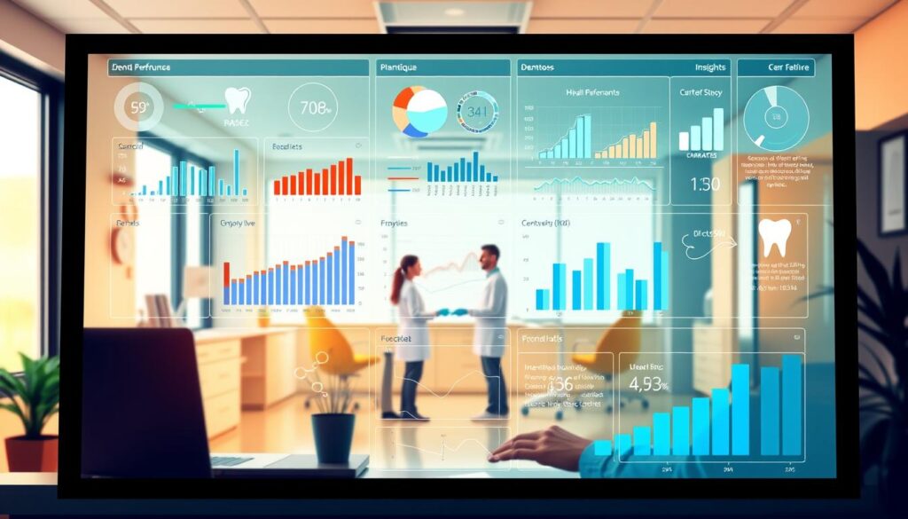 A vibrant illustration of dental practice management analysis, captured in a warm, professional atmosphere. In the foreground, a detailed dashboard displays key performance metrics, charts, and insights, reflecting the diverse aspects of dental clinic operations. In the middle ground, a team of healthcare professionals collaborates, analyzing data and discussing strategies to optimize patient care and practice efficiency. The background showcases a modern, well-equipped dental office, with clean lines, natural lighting, and a calming color palette that reinforces the clinical yet inviting ambiance. The overall scene conveys the importance of data-driven decision-making and the pursuit of excellence in dental practice management.