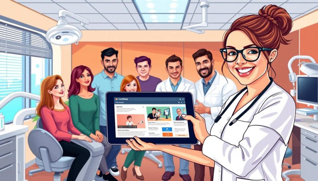 A vibrant illustration showcasing strategic content marketing tactics for dental healthcare. In the foreground, a dental hygienist enthusiastically presents a tablet displaying social media posts, blog articles, and educational videos. The middle ground features a diverse group of dental patients engaged with the content, their expressions ranging from interest to satisfaction. The background depicts a modern, well-equipped dental office, complete with sleek dental chairs and state-of-the-art equipment, all bathed in warm, natural lighting that creates a welcoming atmosphere. The overall scene conveys the power of compelling, informative content to attract and retain dental patients, supporting the clinic's marketing goals.
