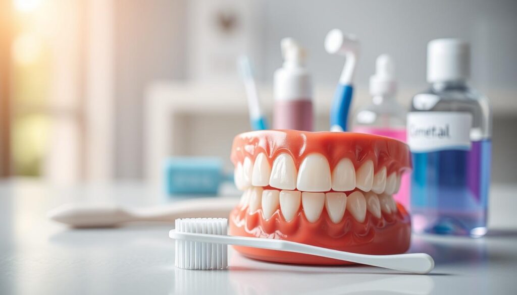 A vibrant, informative image of relevant oral health content. In the foreground, a set of pristine, healthy teeth against a soft, blurred background. The middle ground features various dental hygiene tools and products, such as a toothbrush, floss, and mouthwash, all arranged in an aesthetically pleasing composition. The background depicts a serene, calming environment, perhaps a dentist's office or a serene outdoor setting, conveying a sense of professionalism and expertise. The lighting is soft and natural, highlighting the details of the dental tools and the radiant, well-cared-for teeth. The overall mood is one of trust, education, and the importance of maintaining good oral health.