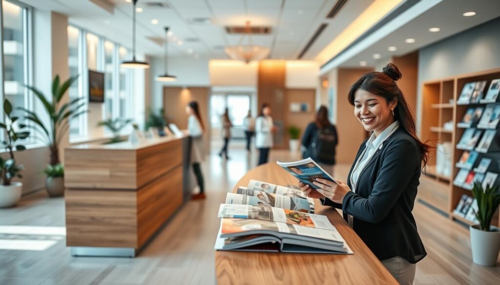 A vibrant, modern clinic lobby with a warm, inviting atmosphere. The foreground features a stylish reception desk with a friendly receptionist smiling and greeting patients. In the middle ground, potential patients browse through informative brochures and magazines on healthcare services. The background showcases a clean, minimalist design with hints of natural elements like potted plants, wooden accents, and soft lighting that creates a calming, professional ambiance. The overall scene conveys a sense of professionalism, accessibility, and a commitment to patient-centered care without any overt marketing or branding.