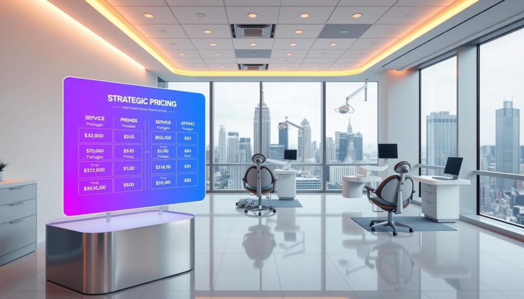 A vibrant, modern dental office interior with strategic pricing displayed prominently. In the foreground, a sleek glass and metal podium showcases a holographic display of pricing options and service packages. Overhead, recessed lighting casts a warm glow across the minimalist white walls and gleaming tile floors. In the middle ground, ergonomic chairs and dental equipment suggest a high-tech, patient-centric experience. The background features floor-to-ceiling windows overlooking a bustling city skyline, conveying a sense of professionalism and business acumen. The overall scene exudes an atmosphere of thoughtful, data-driven strategic pricing for dental services.