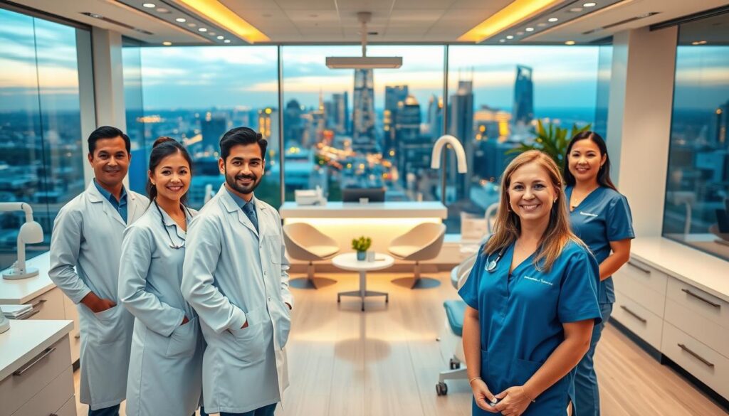 A vibrant, modern dental office with a professional yet approachable atmosphere. The foreground features a team of dentists and staff, their attentive expressions conveying a dedication to patient care. In the middle ground, a well-organized reception area with sleek, minimalist furniture and warm lighting. The background showcases a panoramic view of the city skyline, symbolizing the practice's growth and success. The overall scene radiates a sense of efficiency, innovation, and a patient-centric approach to dental management and marketing.