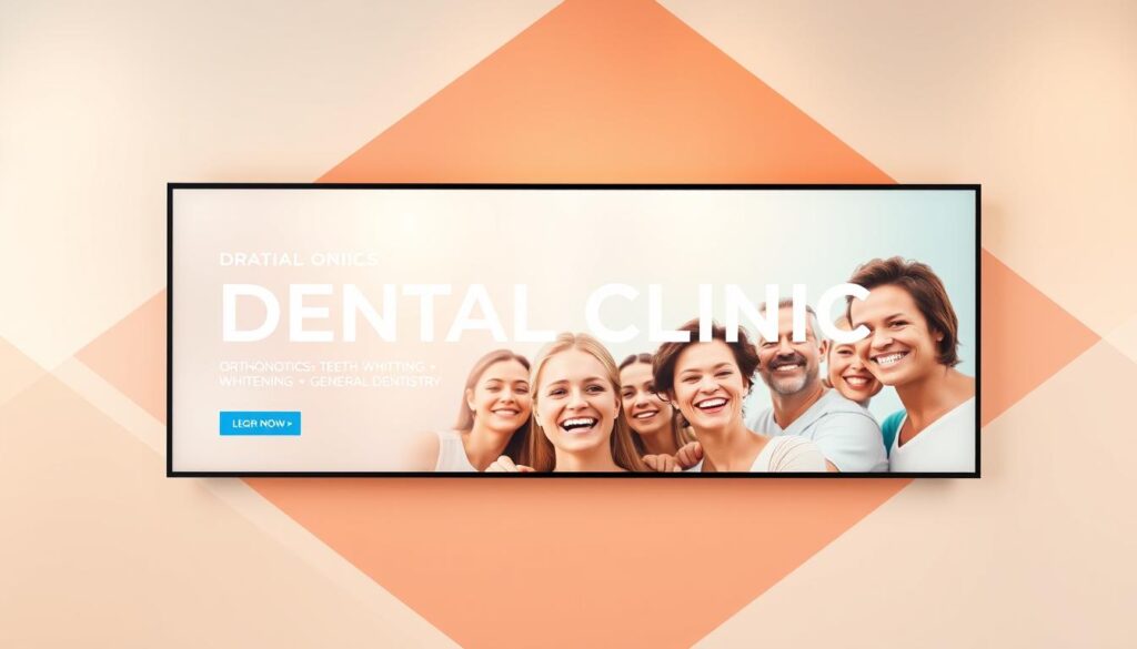 A vibrant, modern digital advertisement display showcasing dental clinic services. The foreground features a sleek, minimalist layout with clean typography highlighting key offerings like orthodontics, teeth whitening, and general dentistry. The middle ground depicts an array of smiling patients, conveying a sense of trust and professionalism. The background subtly blends a soft, warm gradient with faint geometric patterns, creating a visually striking and welcoming atmosphere. Subtle lighting casts a warm glow, accentuating the high-quality imagery and reinforcing the clinic's commitment to patient care. The overall composition exudes a refined, contemporary aesthetic tailored to attract potential dental patients online.