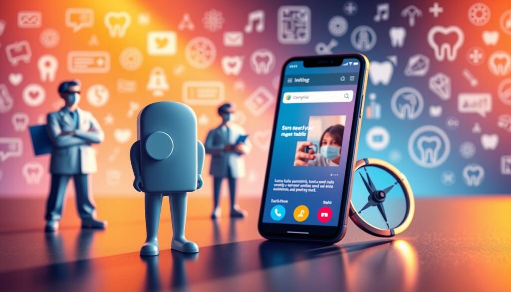 A vibrant, modern digital marketing illustration for a dental clinic. In the foreground, a stylized dentist icon leads a team of diverse digital marketing avatars - a social media icon, a pay-per-click graph, and an SEO compass. In the middle ground, a smartphone displays a dental clinic website, showcasing its services and online appointment booking. The background features a gradient of dental-themed icons and shapes, evoking a sense of professionalism and technological innovation. Warm lighting casts a dynamic glow, creating a welcoming and authoritative atmosphere. Captured with a wide-angle lens to emphasize the collaborative, digital-forward approach to dental marketing.